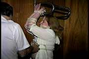 30 Yr OLD BBW SINGLE MOM IS TAPE GAGGED, BAREFOOT, BALL-GAGGED, TIT TIED, NIPPLE PINCHED AND TIED TO A COAT RACK (D73-17) 1