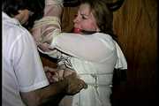 30 Yr OLD BBW SINGLE MOM IS TAPE GAGGED, BAREFOOT, BALL-GAGGED, TIT TIED, NIPPLE PINCHED AND TIED TO A COAT RACK (D73-17) 3
