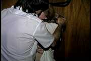 30 Yr OLD BBW SINGLE MOM IS TAPE GAGGED, BAREFOOT, BALL-GAGGED, TIT TIED, NIPPLE PINCHED AND TIED TO A COAT RACK (D73-17) 4