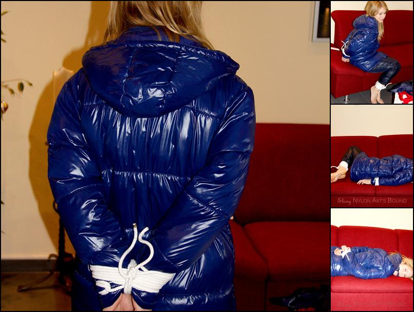 Samantha bound and gagged in a shiny nylon down coat - clipspool.com